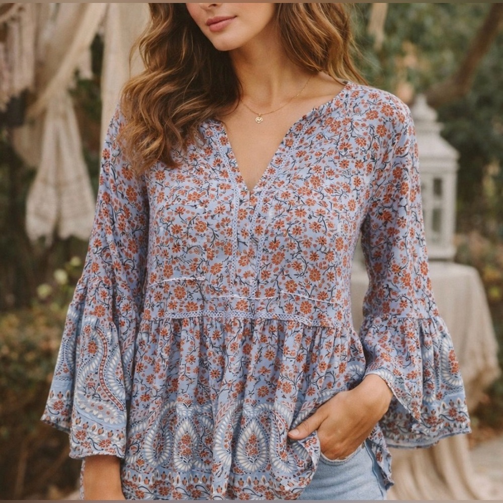 Fever Floral Paisley Bell Sleeve Boho Blouse Women’s Size 1X